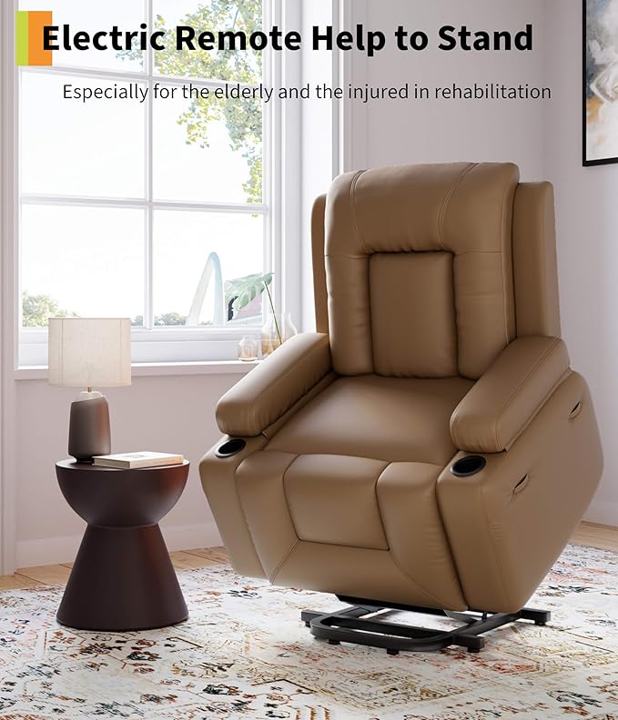 GarveeHome Electric Lift Recliner Chair - Heat and Massage, PU Leather Power Lift Recliner for Elderly & Mobility Impaired, Adjustable Back and Legs, Heavy Duty Lift Chair for Seniors