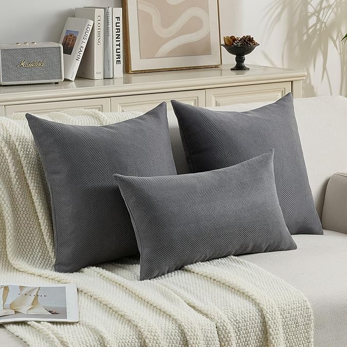 FUTEI Dark Grey Chenille Throw Pillow Covers 16x16 Inch Set of 2,Soft Wide Chevron Textured Cushion Case,Farmhouse Home Decor for Couch Bed Living Room