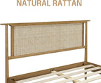 NTC Ruby Wooden Bed Frame with Headboard and Natural Rattan, Solid Oak/Rubber Wood Foundation with Silent Slats, 1000 Lb Capacity, Effortless Assembly Queen - Teak Look