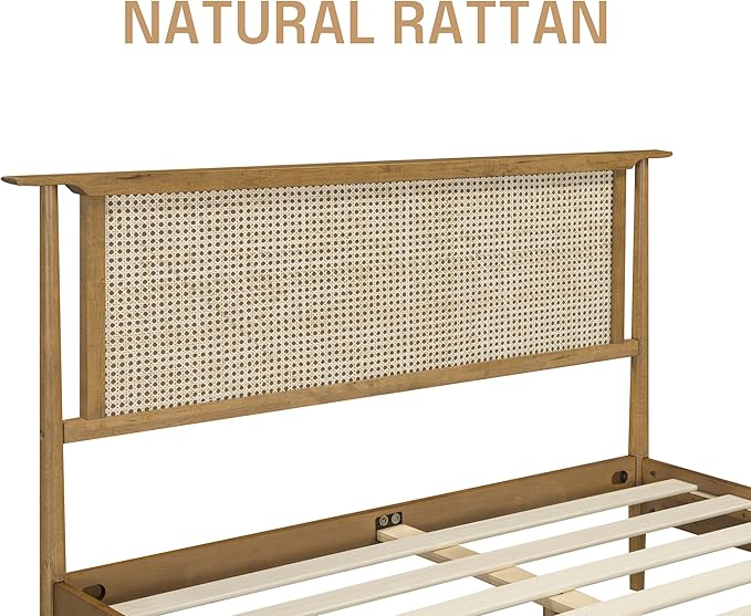 NTC Ruby Wooden Bed Frame with Headboard and Natural Rattan, Solid Oak/Rubber Wood Foundation with Silent Slats, 1000 Lb Capacity, Effortless Assembly Queen - Teak Look