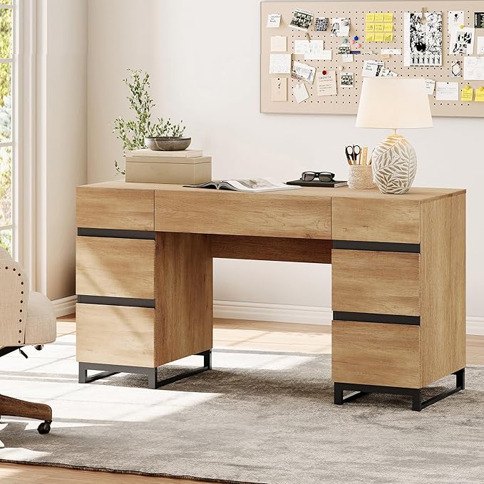WAMPAT 59" Modern Executive Desk with Drawers, Wood Computer Writing Desk with Charging Station, Office Desk with File Drawer, Study Table for Bedroom, Living Room, Home Office, Oak