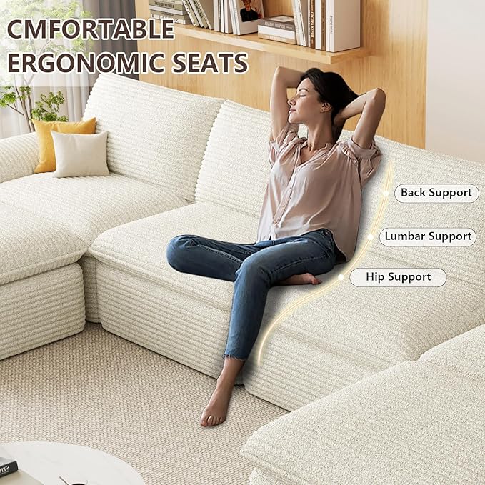 141.74" Sectional Couches for Living Room Modern Modular Sofa with U-Shape Couchs Upholstered Corduroy Boneless Couch Deep Seat Cloud Couch with Ottoman, No Assembly Required, White
