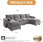 130" U Shaped Modular Sectional Sofa, Couch with Ottoman Storage, Chenille Cloud Couch with Plush Deep Seating for Living Room, Bedroom (6 Seat, Light Grey)
