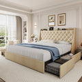 King Size Upholstered Platform Bed Frame with 4 Storage Drawers and Charging Station, Linen Button Tufted Wingback Headboard, Sturdy Wooden Support Slats, No Box Spring Needed, Beige