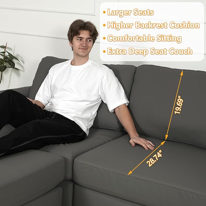 EASE MOOSE Oversized Corner Modular Sectional Sofa with Ottoman, Faux Leather Sectional Sofa with Deep Seat, Scratch Resistant Faux Leather Material, Extra Large L Shaped Couch, Grey