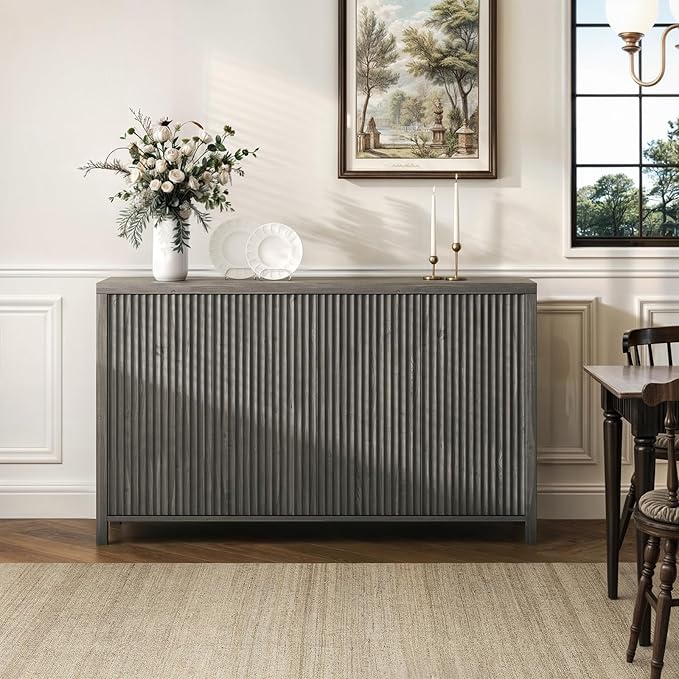 YOUDENOVA Fluted Buffet Cabinet with Storage, Modern Sideboard Cabinets with 4 Doors & Adjustable Shelves, Accent 56” Credenza Storage Cabinet, Wood Entryway Cabinet for Living Room Hallway, Grey
