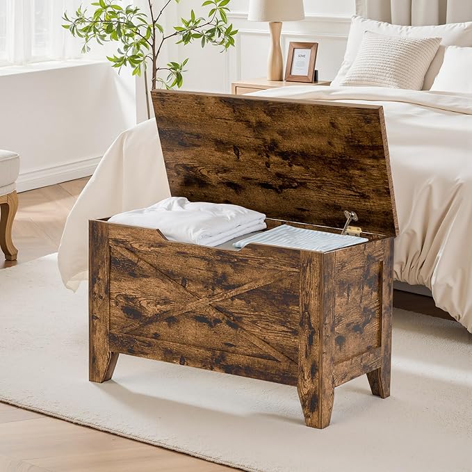 VECELO 30" Storage Bench, Entryway Shoe Ottoman, Farmhouse Style Bench with Handwoven Cushion and Metal Safety Hinges, for Bedroom, Living Room, Entryway, Brown