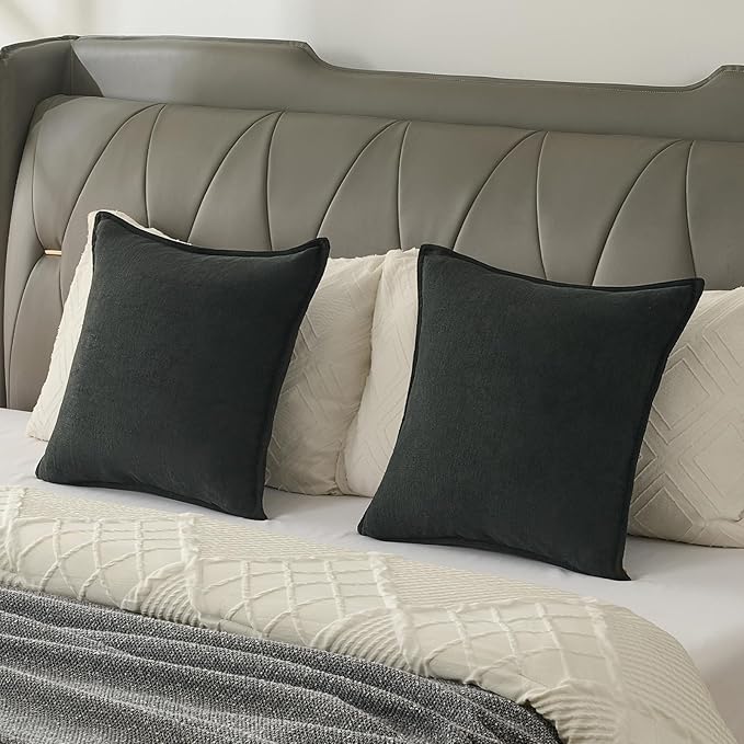 FUTEI Black Chenille Throw Pillow Covers 22x22 Inch Set of 2,Edges Double-Stitched Cushion Cases,Modern Home Decor for Couch Living Room