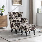 Accent Reading Arm Chairs with Ottoman for Living Room Bedroom, Midcentury Modern Comfy Corner Sofa Chair, Wingback Waiting Room Club Chair with Button Tufted Back &Lumbar Pillow, Fabric Cow
