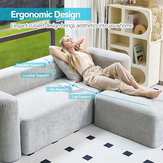 Modern One-Piece Foam Sofa with Ottoman, No Assembly Required, Ergonomic Design Couch, Eco-Friendly Chenille Fabric, Modular DIY Combination Sectional for Living Room, Apartment & Lounge (Light Gray)