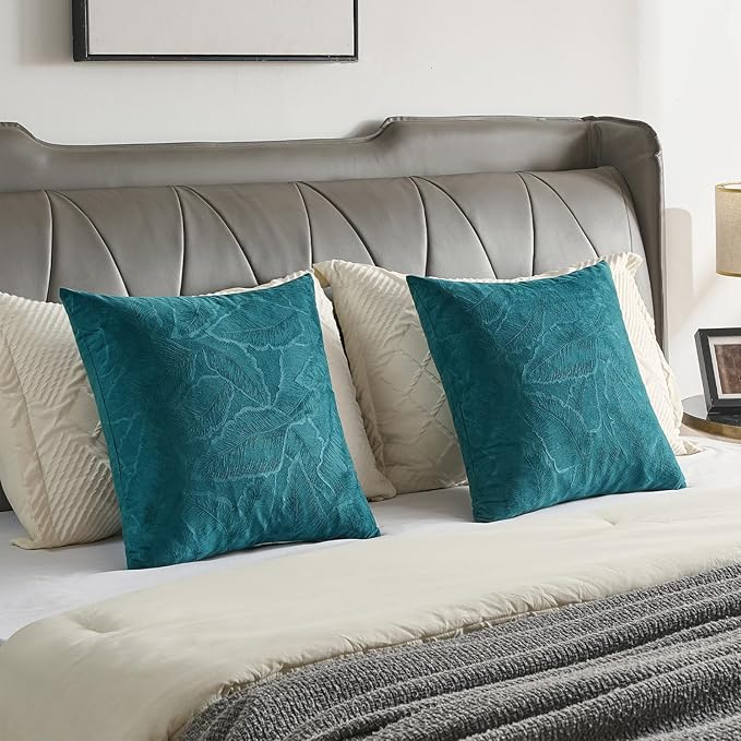FUTEI Teal Velvet Throw Pillow Covers 12x20 Inch Set of 2,Soft Embossed Leaf-Relief Textured Lumbar Pillow Cases,Natural Home Decor for Couch Living Room