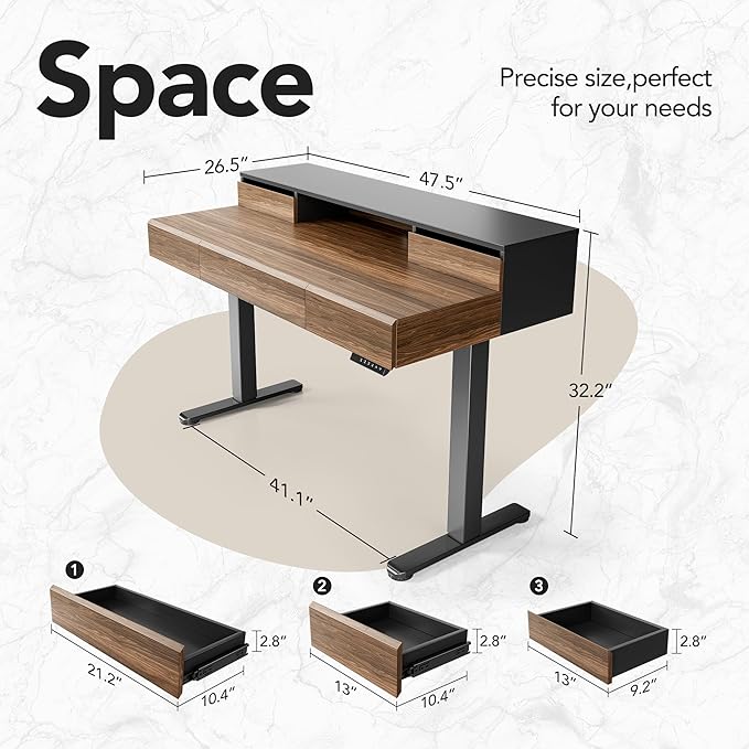 HUANUO Electric Standing Desk with Drawers, 48 Inches Height Adjustable Stand Up Desk with Monitor Shelf, Whole-Piece Board Computer Workstation with 4 Memory Height Settings, Black Walnut