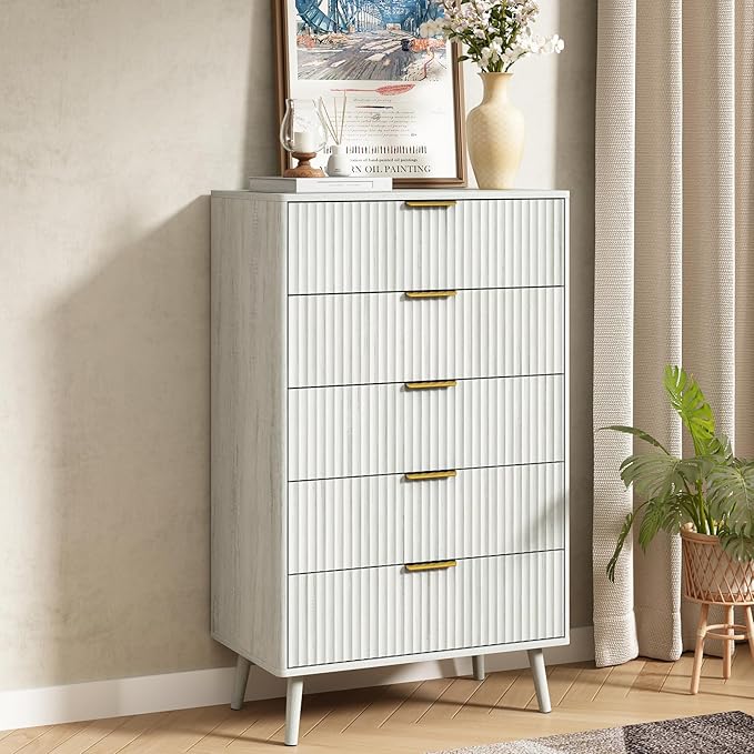 CARPETNAL Fluted 5 Drawers Dresser for Bedroom, 45" Tall Wooden Chest of Drawers with Rounded Corners, Gold Handles, Modern Storage Organizer for Bedroom, Hallway (White)