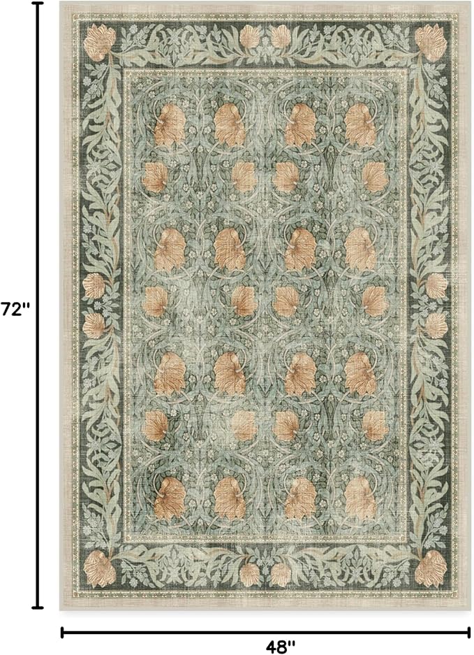 RUGGABLE x Morris & Co Washable Area Rug – Pimpernel Vintage Green 4x6, Stain-Resistant, Non-Slip – Medium Machine Washable Rugs for Living Room, Bedroom, Hallway, Entryway & Office–with Standard Pad