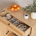 Rattan Storage Cabinet, 2-Door Oak Sideboard with Drawers, Buffet Sideboards with Storage, Elegant Boho Design for Dining Room or Living Room, 1 Drawer for Extra Organization