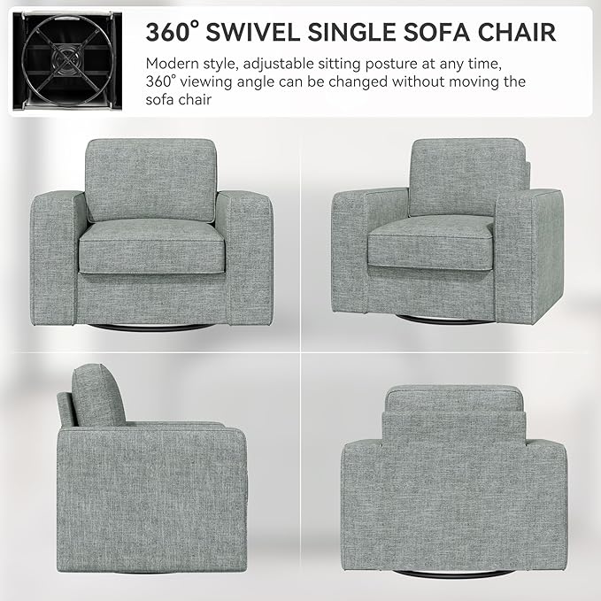 Swivel Accent Sofa Chair, Modern Comfy Oversized Upholstered Cushion Back Armchair in Linen 1pcs for Living Room, Bedroom, Reading Room(Gray)
