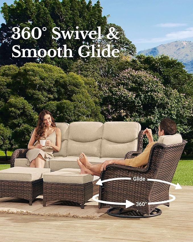 HILLGA Luxury Patio Furniture Set with 6-Inch Thick Cushions, High Back Outdoor Swivel Rocker Chairs and Patio Couch, 10-Piece All Weather Conversation Set for Porch Deck Pool Yard, Beige (V3)