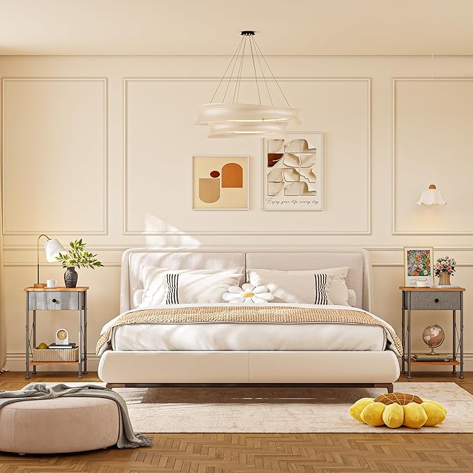 VECELO Modern Versatile Nightstands X-Design Side End Table Night Stand Storage Shelf with Bin Drawer for Living Room Bedroom, Set of 2 (Brown)