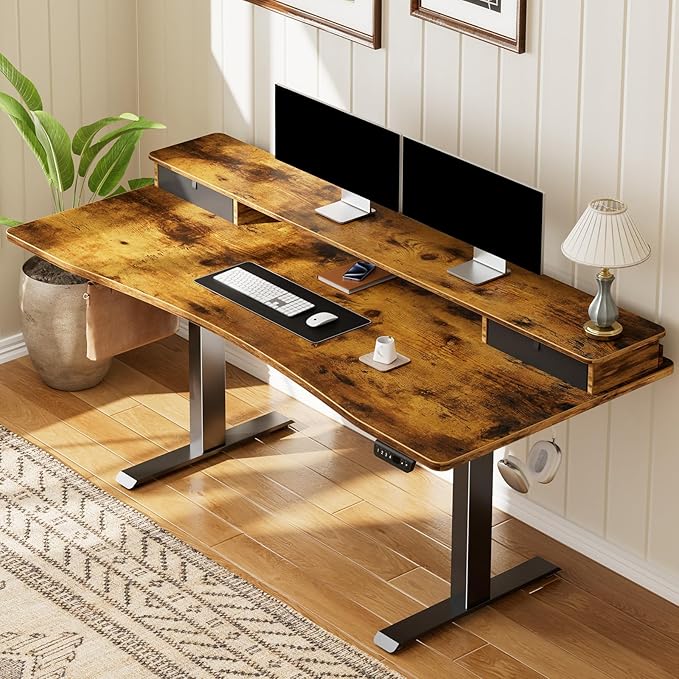 Veken 55"×27.6" Ergonomic Standing Desk with Drawers, Adjustable Height Home Office Desk with Monitor Riser, Computer Table for Work, Study, Gaming, Reading, Brown