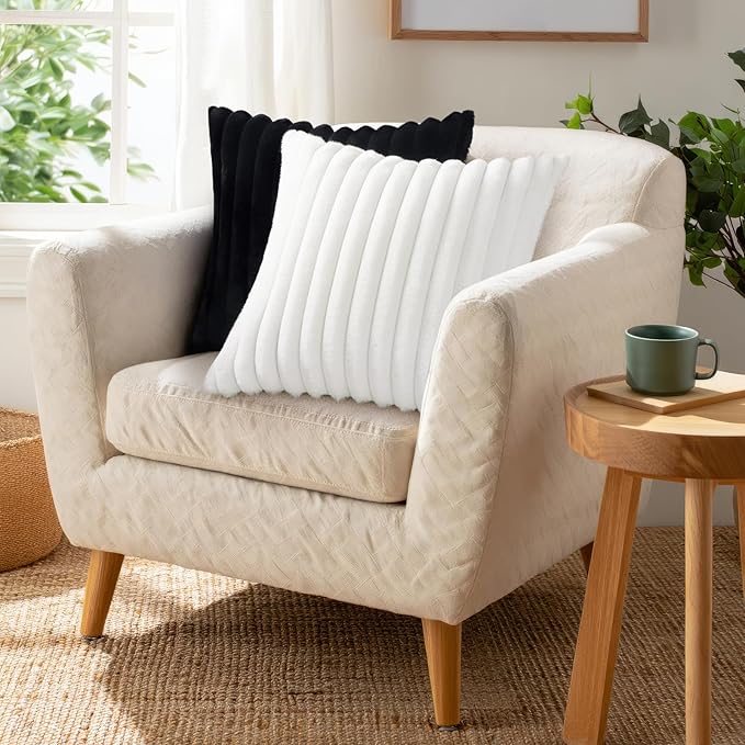 Pallene Faux Fur Plush Throw Pillow Covers 18x18 Set of 2, Luxury Soft Fluffy Striped Decorative Pillow Covers for Sofa, Couch, Living Room, Black