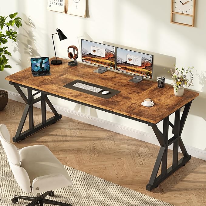 TVU 63-Inch Executive Desk, Large Office Desk with Thicken Frame, Computer Desk Modern Simple Desk for Home Office, Rustic Brown