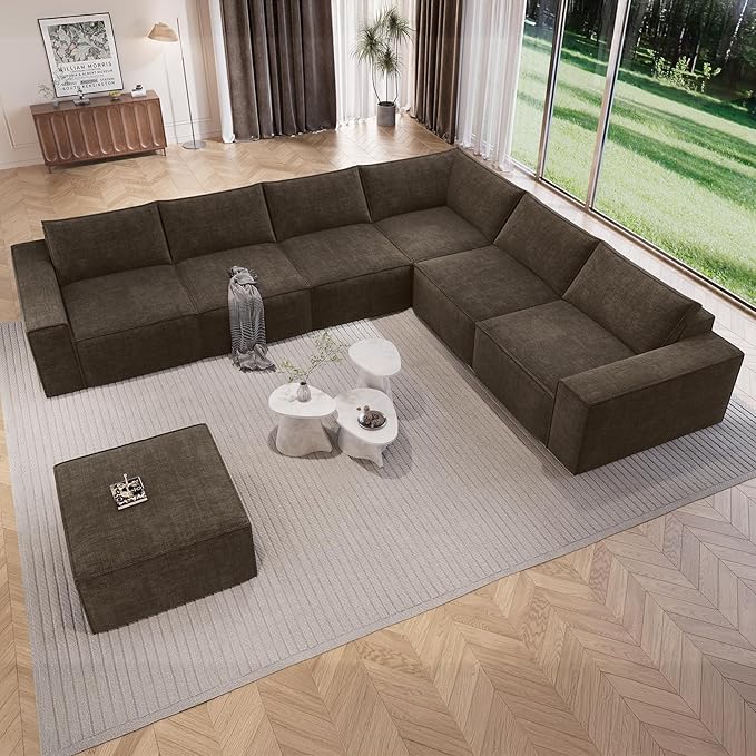 Vesgantti 143.7" Oversized Boneless Modular Couch, Modern 6 Seater Sectional Sofa with Ottoman & Deep Seat, Convertible Chenille Cloud Couches for Living Room, No Assembly Required, Dark Brown
