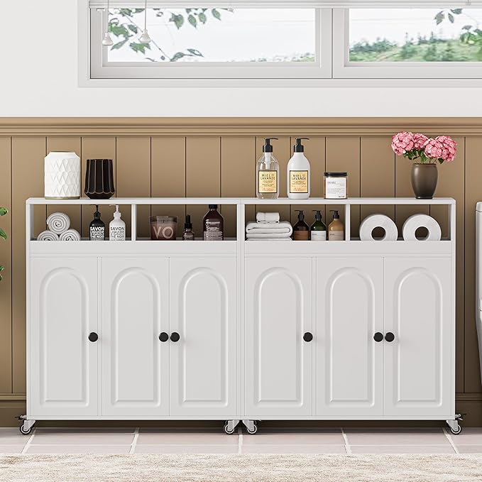 Bathroom Storage Cart with Doors，3-Door Cabinet & Divided Open Shelf，Rolling Organizer Cart for Bathroom, Toilet，White (1)
