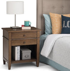 SIMPLIHOME Carlton Bedside Table - 24 inch Wide Solid Wood Nightstand Table in Rustic Natural Aged Brown, Transitional Bedroom Side or End Table with 2 Drawers, Open Storage Shelf and Bronze Hardware