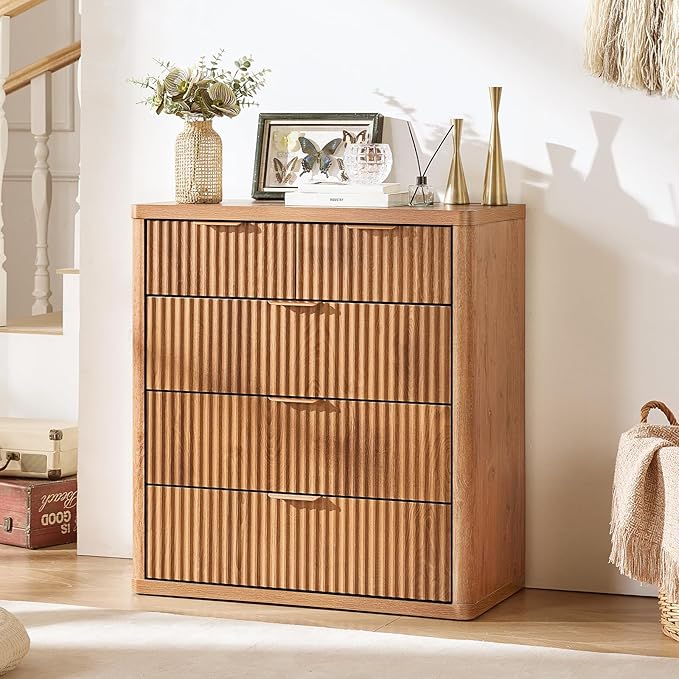LEYAOYAO Fluted 5 Drawers Dresser for Bedroom, 34" Tall Modern Chest of Drawers with Metal Handle, Curved Profile Design,Brown Wood Drawer Organizer for Bedroom, Living Room, Hallway, Entryway