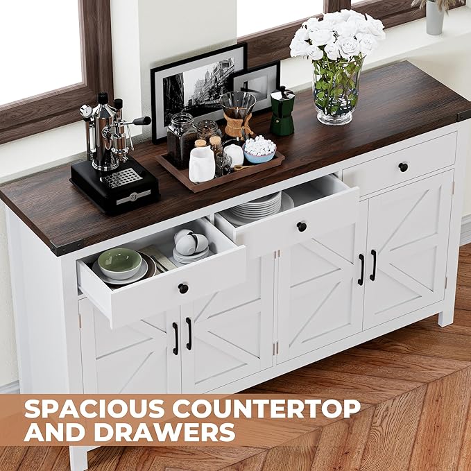 63" Sideboard Buffet Cabinet with Storage, Coffee Bar Cabinet with 3 Drawers and 4 Barn Doors, Long Wider Storage Cabinet Modern Farmhouse, White Wood, for Kitchen, Dining Room, Living Room
