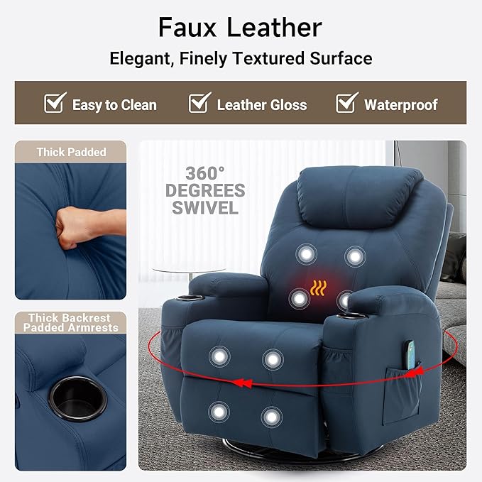 Recliner Chair, Rocking Chair with Heat and Massage, Swivel Recliner Chairs for Adults, Rocker Manual Recliner with Remote Control and Cup Holder for Living Room, Bedroom