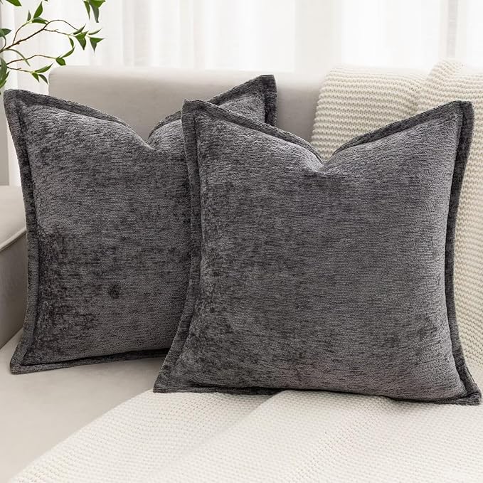 Grey Decorative Throw Pillow Covers 16x16 Inch Set of 2 Cozy Soild Chenille Cushion Cases Soft Textured Square Couch Pillows Cover Boho Accent Farmhouse Pillowcases for Sofa Bed