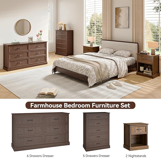 Bedroom Dresser and Nightstand Sets 4 Piece, Farmhouse 6 Drawers Dresser & 44" Tall Chest of Drawers, 23" Nightstands Set of 2, 55" Wide Furniture Dressers for Bedroom, Living Room, Brown