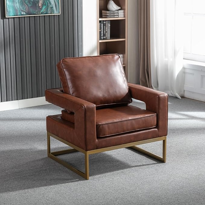 Modern Accent Chair, PU Leather Upholstered Side Chair with Backrest, Comfy Armchair Side Chair with Golden Metal Base for Living Room Reception Room, 1PC, Brown