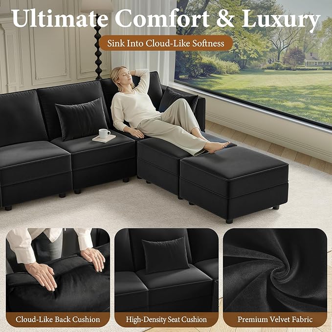 Vesgantti Sectional Sleeper Sofas with Storage, 118" Sofa Bed with 8 Seats Storage Chaises Removeble Cover, Deep Seat Modular Couches Velvet Couch Set for Living Room, Apartment, Home Theatre, Black