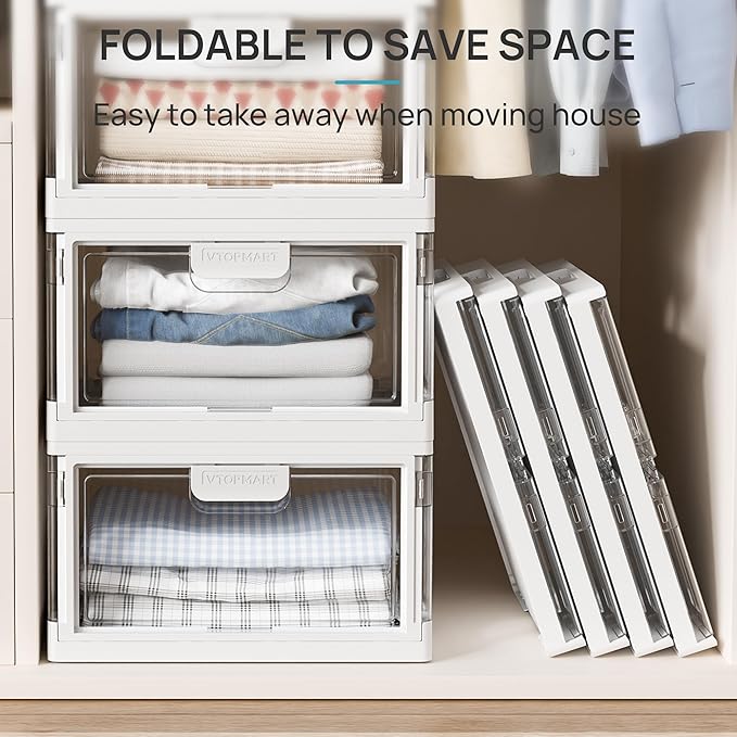 Vtopmart 4 Pack Clear Stackable Storage Bins with Lids 24QT, Foldable Storage Boxes with Doors Open Front, Plastic Containers for Closet, Craft, Toys, Pantry Organization