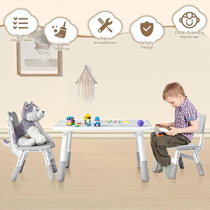 Adjustable Kids Table Chairs Set – Graffiti Desktop, Multi-Activity Height-Adjustable Toddler Study Desk for Ages 3-8 – Ideal for Home, Classroom, Daycare (B-Gray, 2 Chairs-31.5" L x 23.6" W)