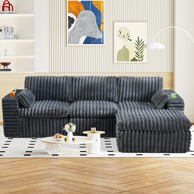 114" Cloud Boneless Sectional Couches for Living Room, Modular Sectional Sofa with Cup Holder, Cozy Fluffy L Shaped Deep Seat Couch with Storage Pocket, No Assembly Required, Dark Grey
