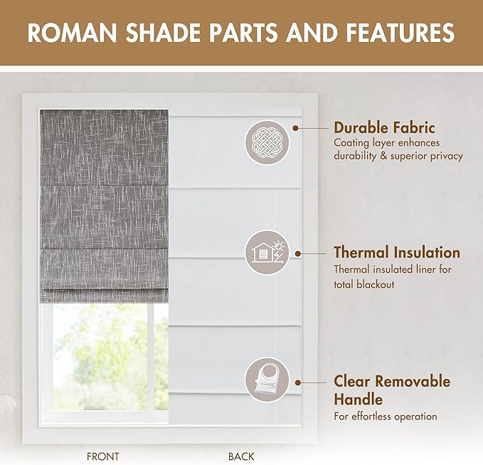 Madison Park Cordless Roman Shades, Total Blackout Window Blind Privacy Window Shades, Thermal Insulated Cordless Window Treatment for Bedroom, Living Room, Quincy, Single Panel 27" W X 64" H Grey