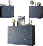3-Piece Dresser Bedroom Set, 8 Drawer Dresser & 3 Drawer Nightstands with Gold Handles, Fluted Wood Chest of Drawers for Bedroom, Living Room, Entryway, Navy Blue