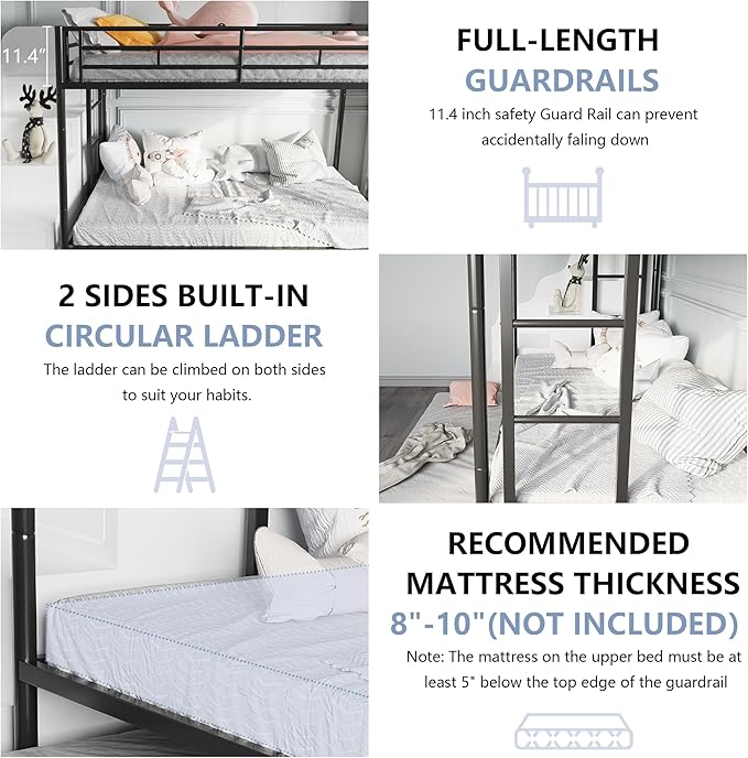 SUNLEI Metal Bunk Beds with Double Secured Ladders, Twin Bunk Bed with Surrounded Safety Guardrails, Space Saver Twin Beds, Noise Free for Small Bedroom, with Trundle Function, Black