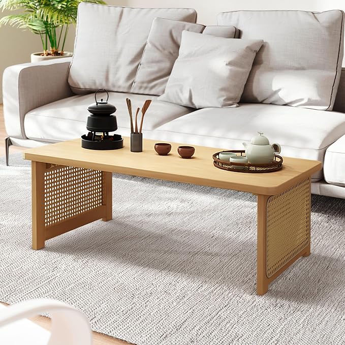 Foldable Japanese Floor Table Lightweight,No Assembly Required, Eco-Friendly Wood,Low Table for Sitting on the Floor, Perfect for Tatami,Meditation,Living Room Use (Natural Wood Color, 47.24 INCH)