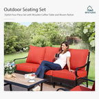 MFSTUDIO 4 Pieces Outdoor Patio Furniture Set, Metal Outdoor Conversation Set, Rattan Wicker Patio Sectional Sofa Set with 2 x Fixed Single Sofa, 3-Seat Sofa, 1 x Coffee Table, Red