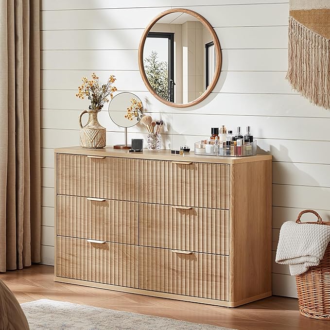 LEYAOYAO Fluted 6 Drawers Dresser, 48" Wide Modern Chest of Drawers with Wood Grain Top, Curved Profile Design, Dresser TV Stand, Wood Drawer Organizer for Bedroom, Living Room, Hallway,Natural
