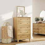 5 Drawer Dresser for Bedroom, Tall Modern Chest of Drawers, Beveled Profile Design, Wood Drawer Organizer for Bedroom, Living Room, Hallway and Entryway,Oak