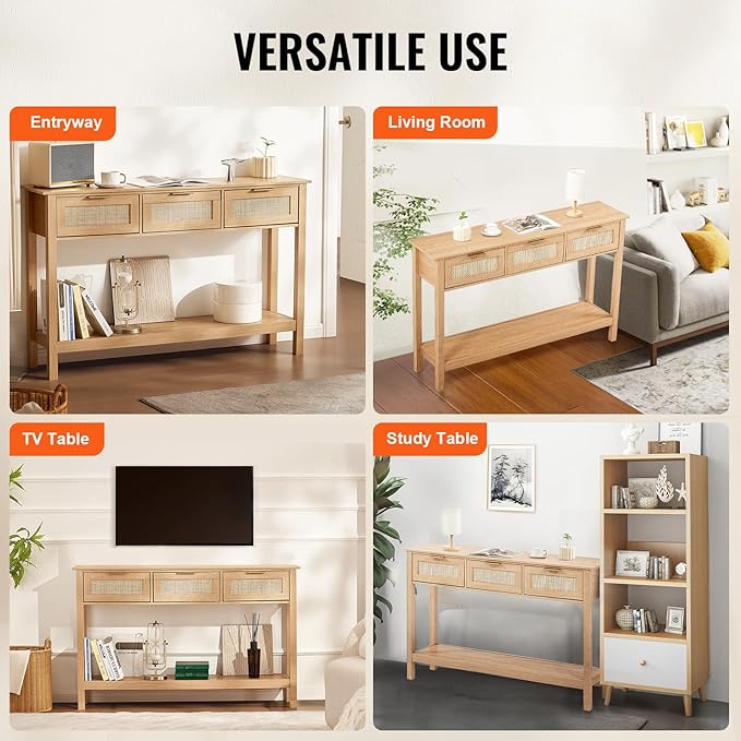 VEVOR Rattan Console Table, Entryway Table with 3 Storage Drawers, Hallway Table with Natural Rattan Sliding Door, Console Sofa Table for Living Room, Study, Entryway Or TV Wall, Natural