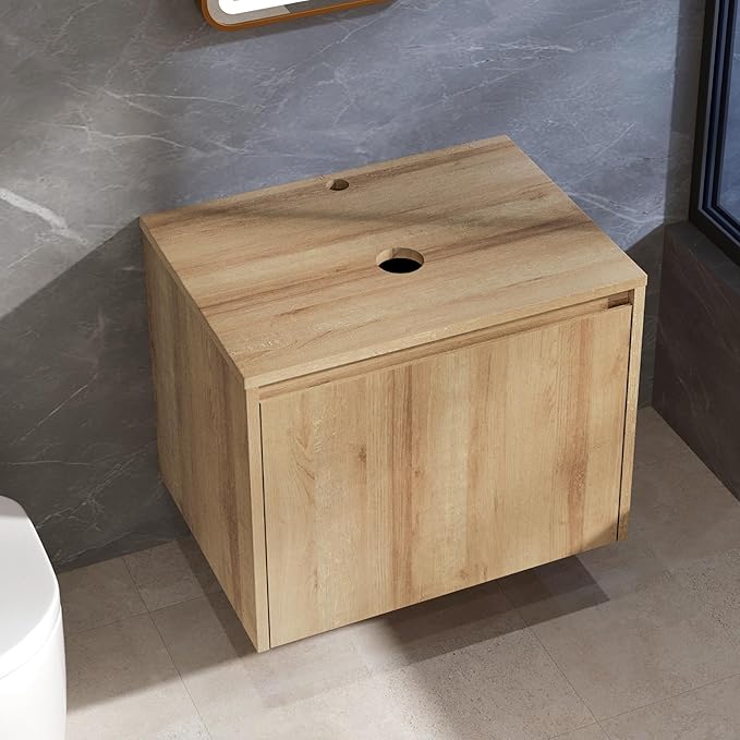 Bathroom Vanity, Natural Color Wall-Mounted Bathroom Vanity with Hidden Drawer (Nature Without Sink, 24)