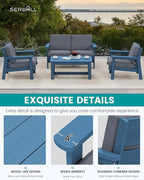 SERWALL 4 Piece HDPE Outdoor Furniture Set, All Weather Wood-Like Outdoor Sofa Sectional Couch, Blue Patio Furniture Set with Grey Cushions