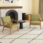Modern Accent Chair with Arm Rest Set of 2, Upholstered Linen Fabric Leisure Chair Comfy Side Chair with Backrest Button and Wooden Frame for Living Room Bedroom Reading(Green)