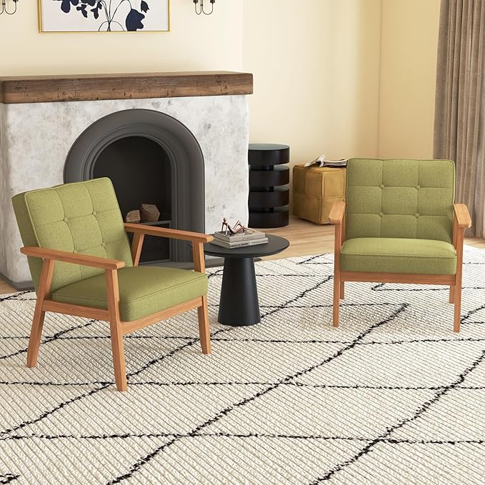 Modern Accent Chair with Arm Rest Set of 2, Upholstered Linen Fabric Leisure Chair Comfy Side Chair with Backrest Button and Wooden Frame for Living Room Bedroom Reading(Green)